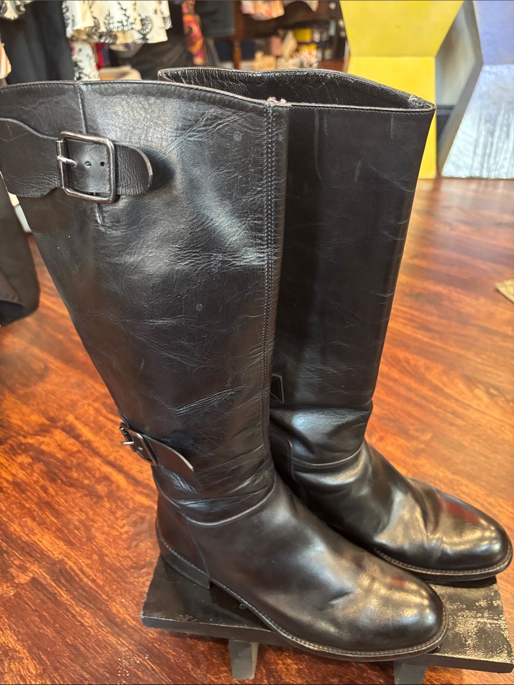 Women's Black Leather Mid-Calf Buckle Heeled Boots